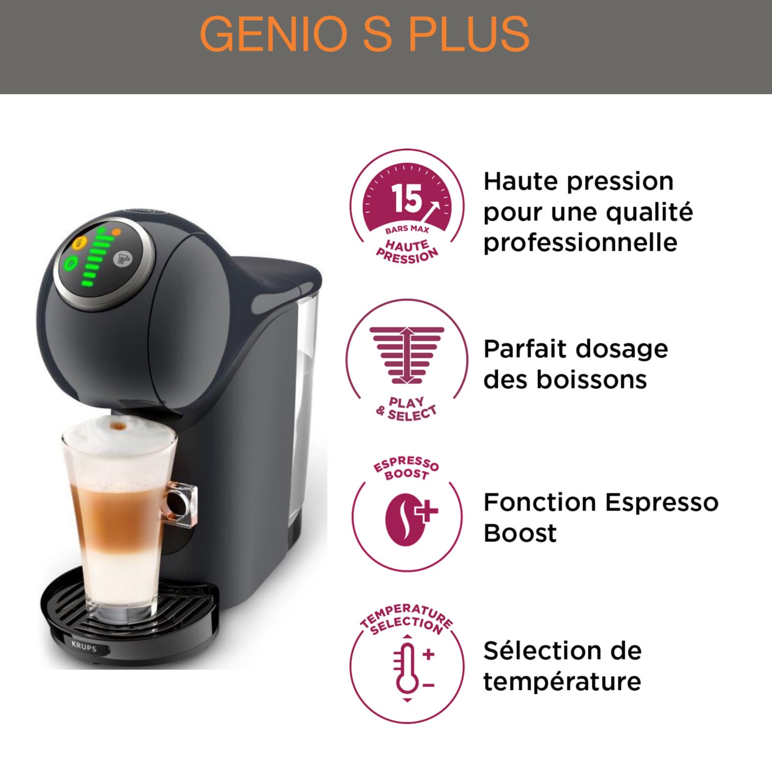 Dolce Gusto Genio S Plus KP340B10 - Machine à café à capsules, 15 bars, fonction XL - Gris - photo 2